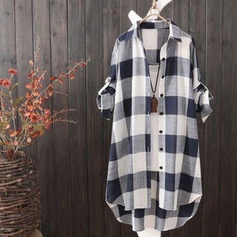Plus size dames zomer dunne geruite lange blouse losvallend elegant Koreaanse stijl blouses tops