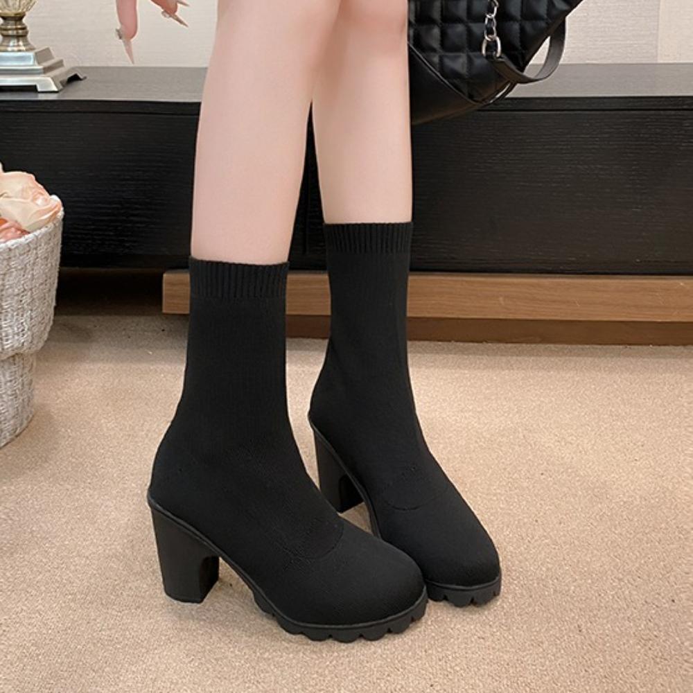 Classic Minimalist Solid Color Elastic Sock Boots For Women'S Autumn Elegant High Heels, Slip On Elastic Knitted Ankle Boots