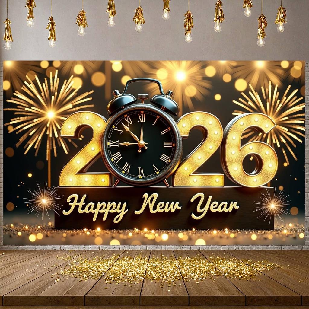 2026 Neujahrsbanner 2026 Design Uhr Dekor Banner Goldene Lichter Banner Beleuchtetes Design Für Feiertagsfeier 2026 Feier