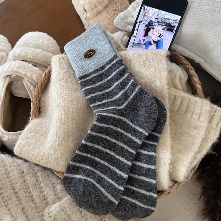 Socks Winter Thickened Boneless Stripe Splicing Tie Warm Stockings, Stockings, Button-Pile Socks