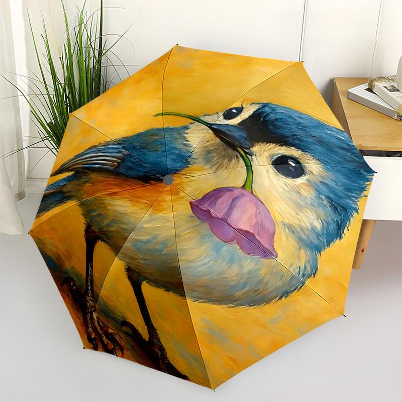 1pc Bird Flower Automatic Folding Umbrella - Compact 8-Rib Design, Durable Plastic & Iron, Daily Use Z1230052