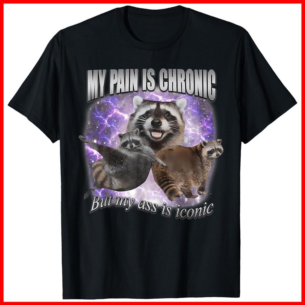 Racoon Meme My Pain Is Chronic But My Ass Is Iconic Black Cotton T-Shirt Unisex T-Shirt S