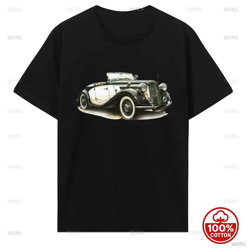 Retro Art Deco Antique Roadster Classic Vintage Car Hand Drawn Graphic Short Sleeve Unisex Soft Cotton Loose Summer Sport TShirt