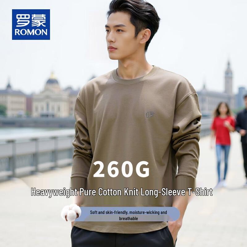 ROMON Men s Embroidered Heavyweight Cotton Long Sleeve T-Shirt L
