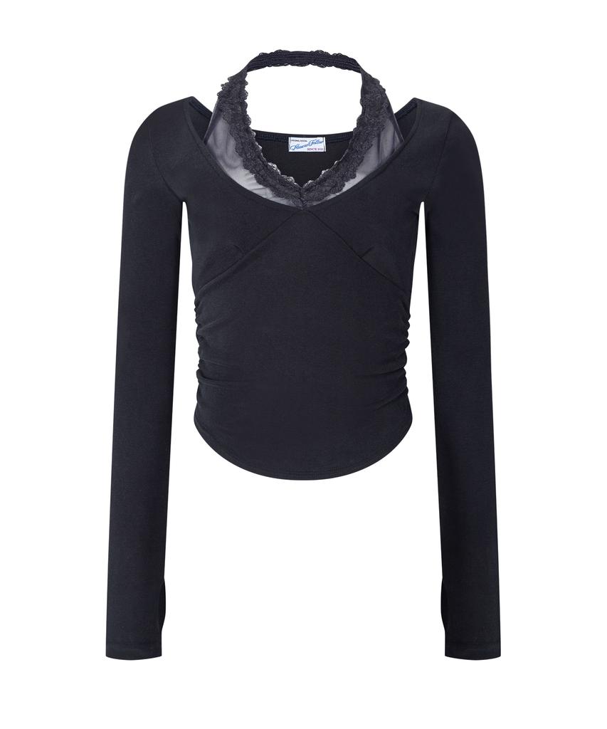 Peullijeunopallou Amelia Lace Halter Long Sleeve Top (Cool Charcoal)