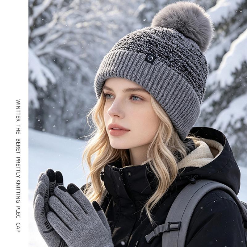 Winter Knit Pom Pom Beanie and Touch Screen Gloves Set for Women Warm Ear Flap Hat 2 Piece