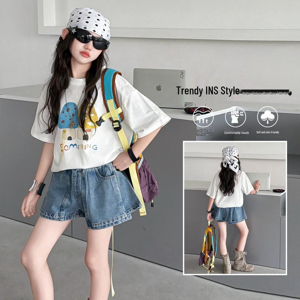 Girls' Korean Style Summer Set: Short-Sleeve T-Shirt & Thin Denim Skirt Shorts