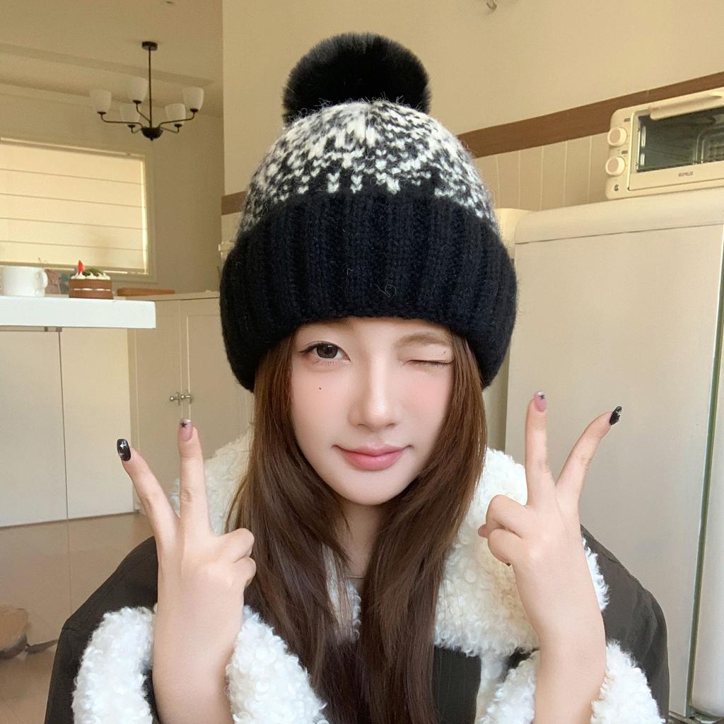 Jacquard Knitted Hat Autumn Winter Beanie Women's Hat, Outdoor Cycling Plush Lining Warm Wholesale