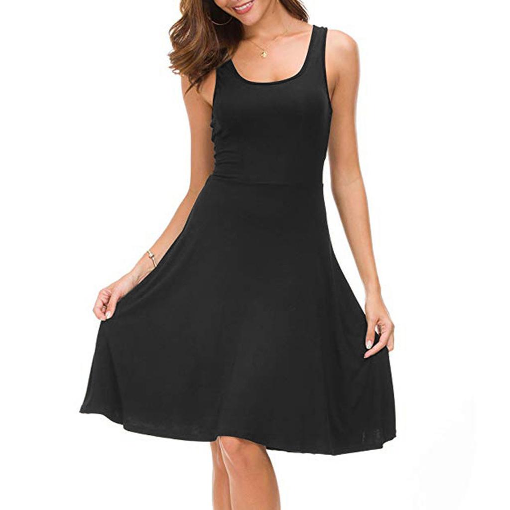 Women's Casual Fasion Solid Color Sleeveless Waist A-line Big Swing Vest Dress