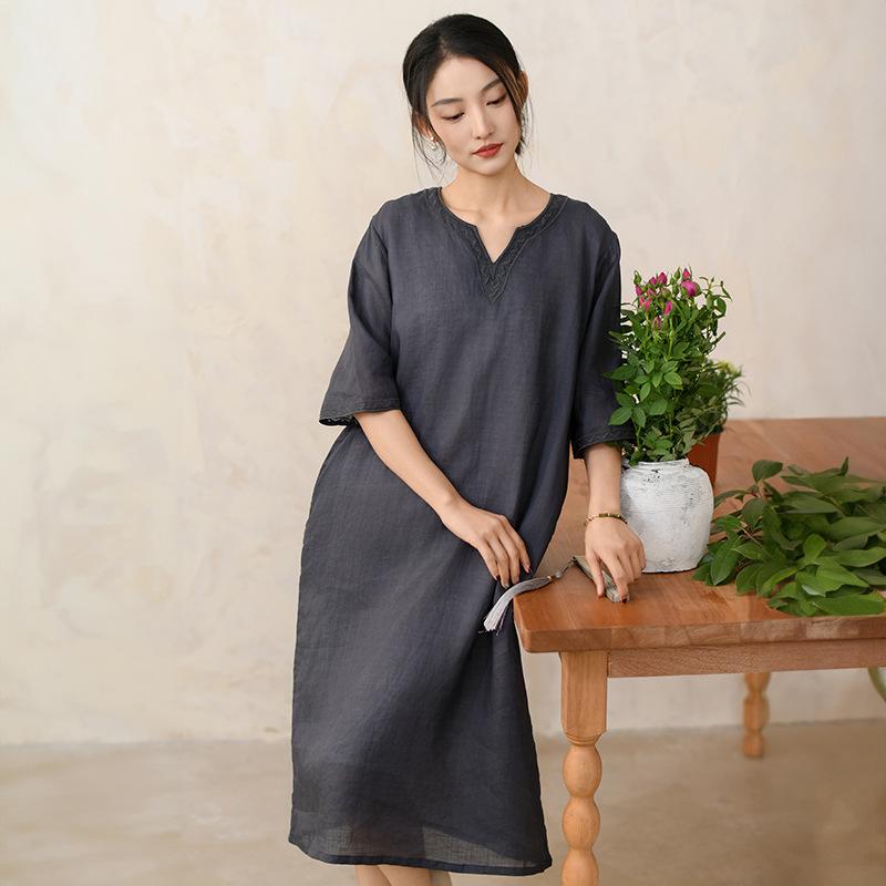 Johnature Women Vintage Embroidery Floral Dresses Half Sleeve Solid Color Summer A-Line Dresses