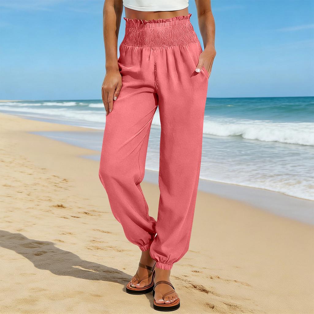 Women's Fashion Color Elastic Waist Pocket Loose Leg Tight Casual Pants