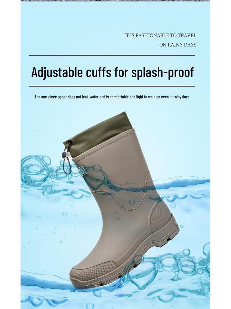 Unisex Mid-Calf Waterproof Drawstring Rain Boots - Lightweight Non-Slip Rubber Shoes
