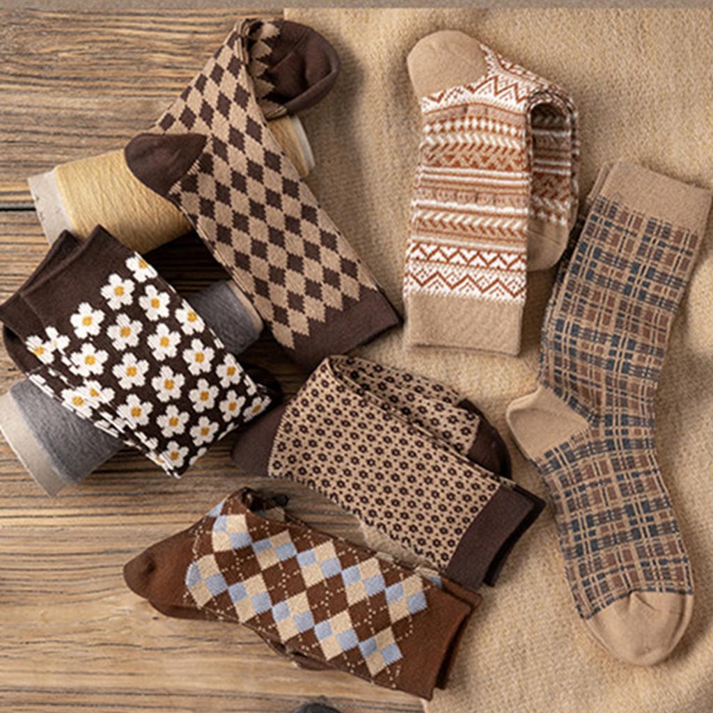 6 Pairs Harajuku College Style Women Student Crew Socks Vintage Geometric Print Casual Fashion Medium Stockings Gifts