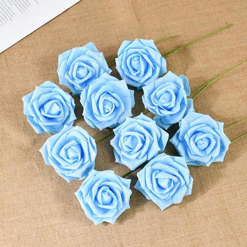 10/20 Stück Glitzer Künstliche Rosenblumen mit Stiel Blätter DIY Hochzeitssträuße Geburtstagsfeier Heimdekorationen DIY Bastelkranz