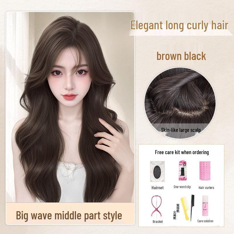Women's Natural Long Full Cap Wig with Realistic Large Waves and Seamless Middle Part Bangs