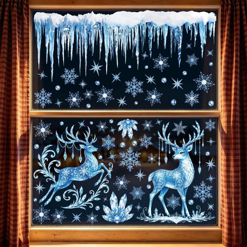Blue Christmas Window Static Clings With Santa Snowman Reindeer Patterns For Home Xmas Party Decorations