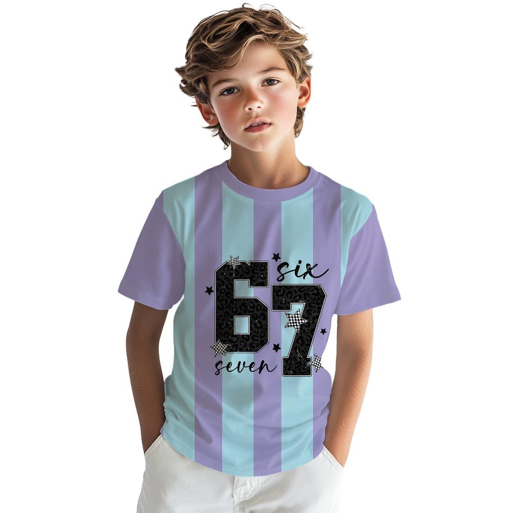 

Purple and Blue Striped Leopard Print Boys T-Shirt Digital Print Cute Animal T-Shirt Versatile Top 100