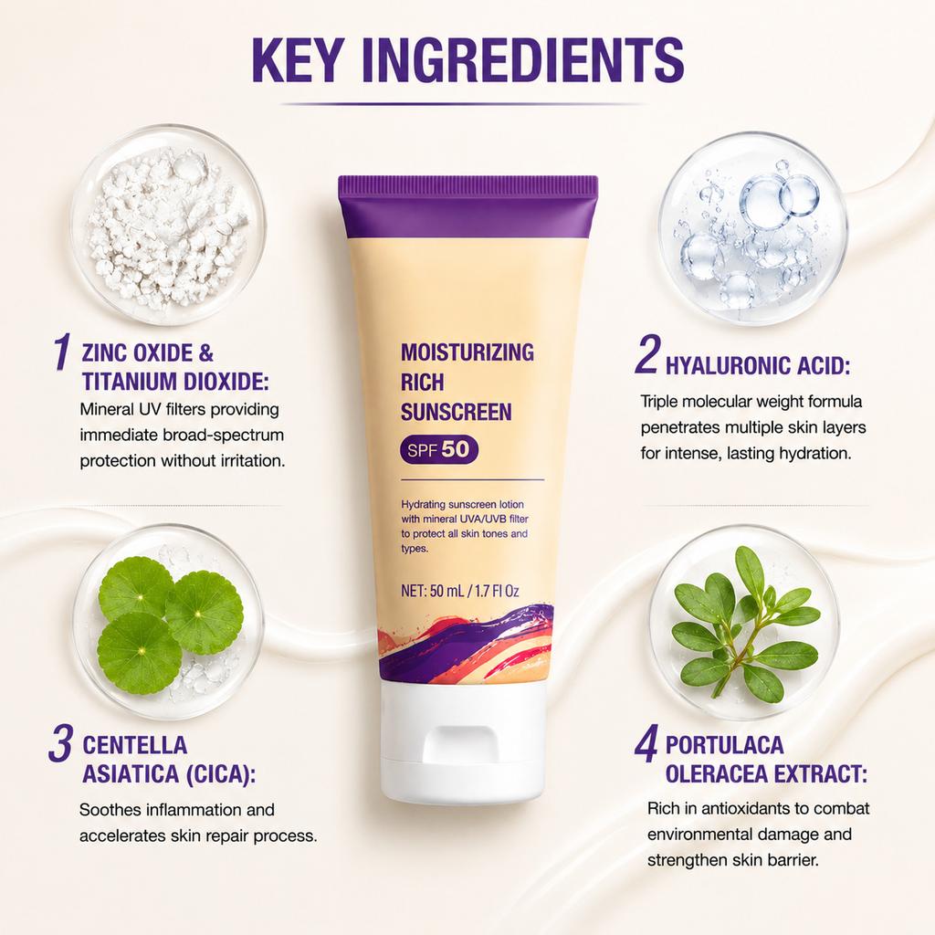 Moisturizing Sunscreen SPF50 Broad Spectrum Protection UV Defense Neutral Packaging for Face and Body