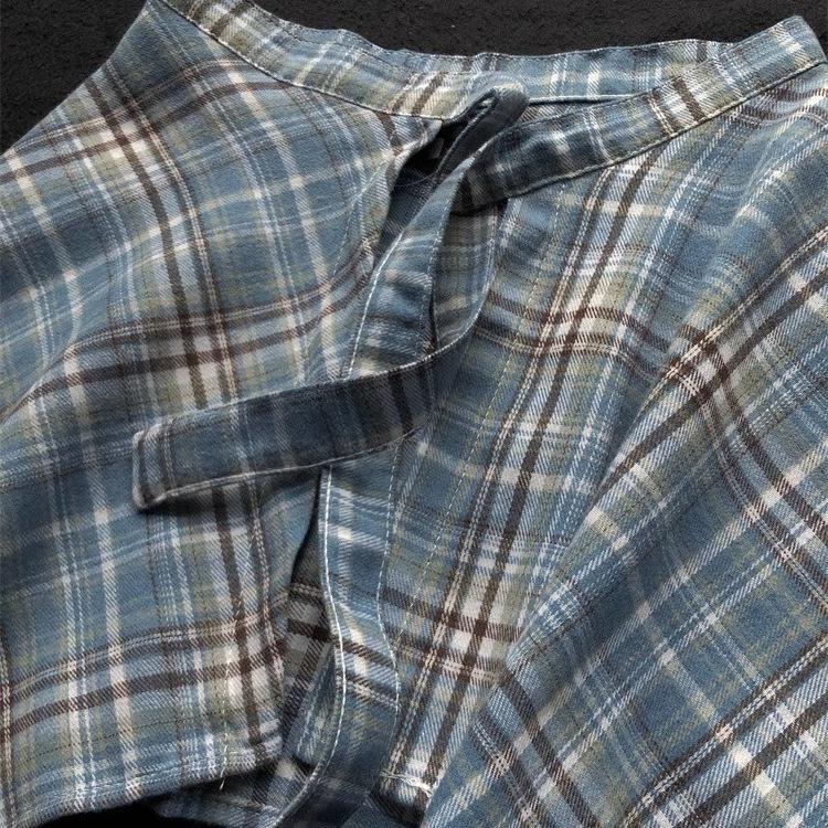 Unisex American Retro Plaid Layered Shirt with Irregular Hem and Tie Waist Design