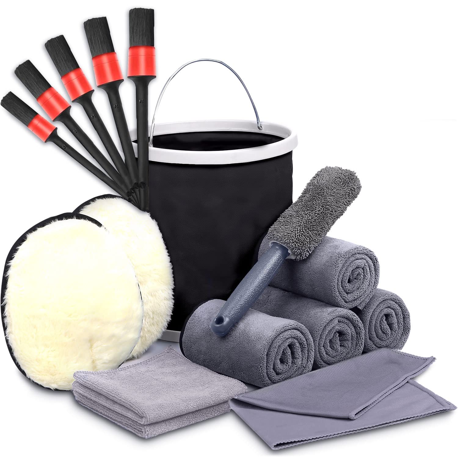 

LuxDee Car Wash Supplies Набор из 17 предметов для мытья автомобиля с инструкцией по эксплуатации Салфетки из микрофибры для 5 автомоек 5 свиней 2 овчины 2 воска 1 окно 1 колесо [4 серый