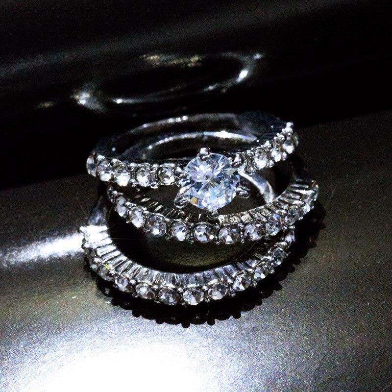 Fashion Luxury 3pcs Silver Color Shiny Zircon Ladies Ring Set Bride Wedding Engagement Jewelry Accessories Gift