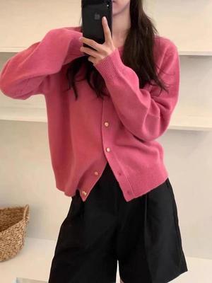 Eggshell Gold Buckle Round Neck Long Sleeve Knit Cardigan - Korean Style Solid Color Short Sweater