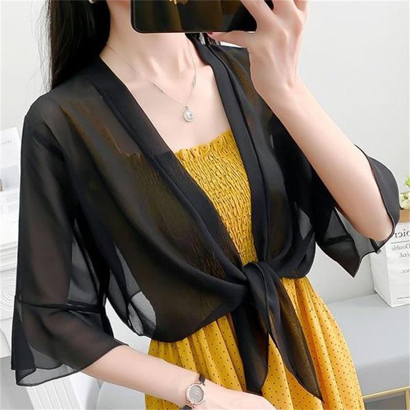 FEI JUN Chiffon Effen Kleur Vest, Zomer Sjaal Los Elegante Blouse, Dames Dunne Zonwerende XXL Fit 70-75KG
