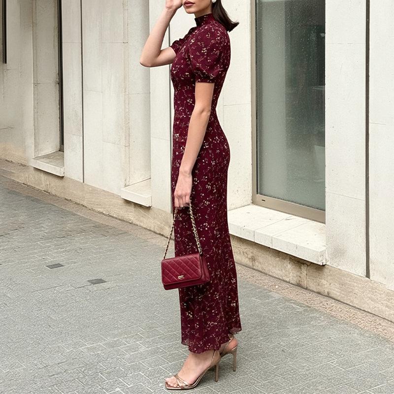 Vintage Long Length Print Long Dress Breathable Flowy High Waist Dress Puff Sleeve Dress Summer Season