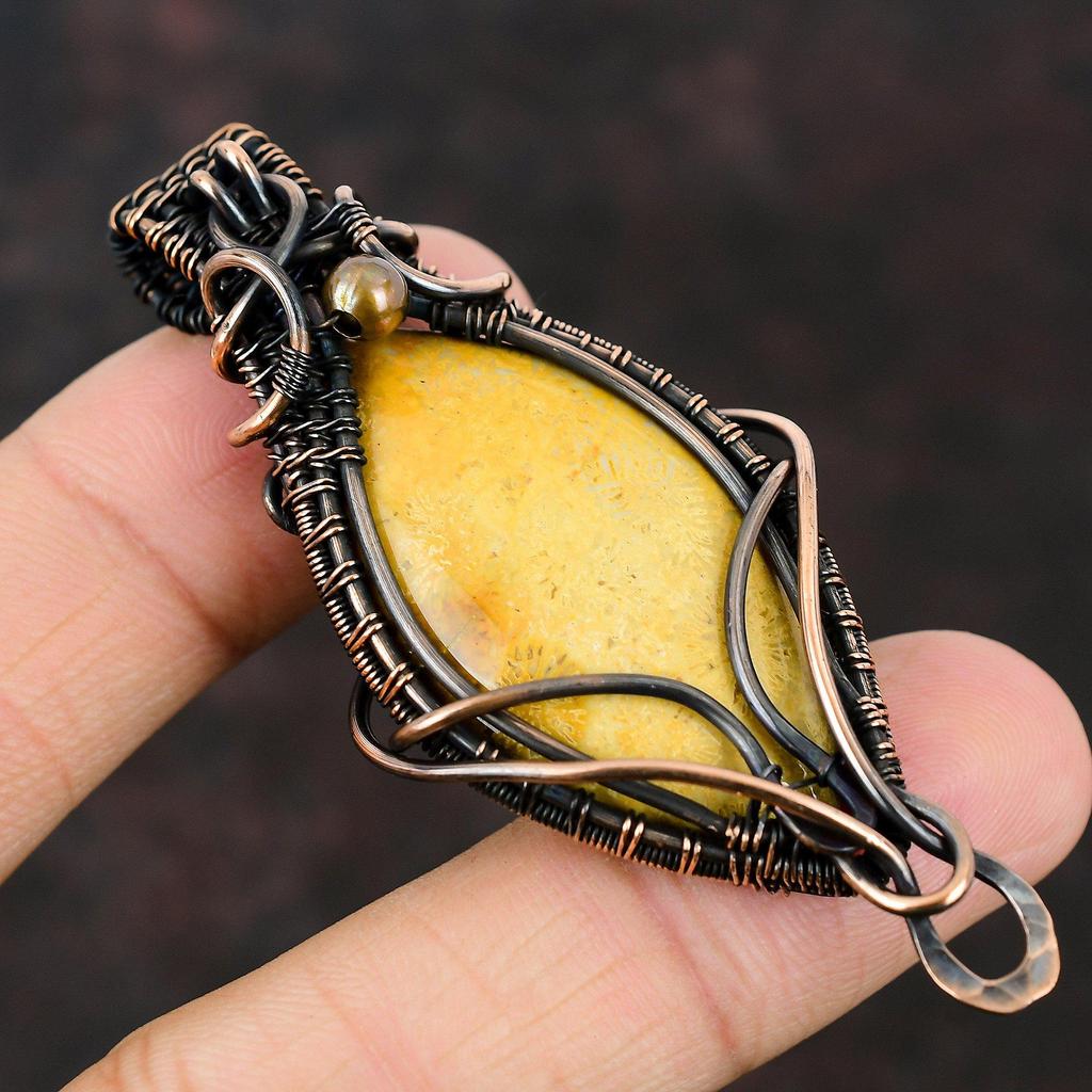 Fossil Coral Gemstone Pendant Copper Wire Wrapped Pendant Handmade Wire Wrapped Jewelry Gift For Mother Fossil Coral Jewelry Antique Pendant