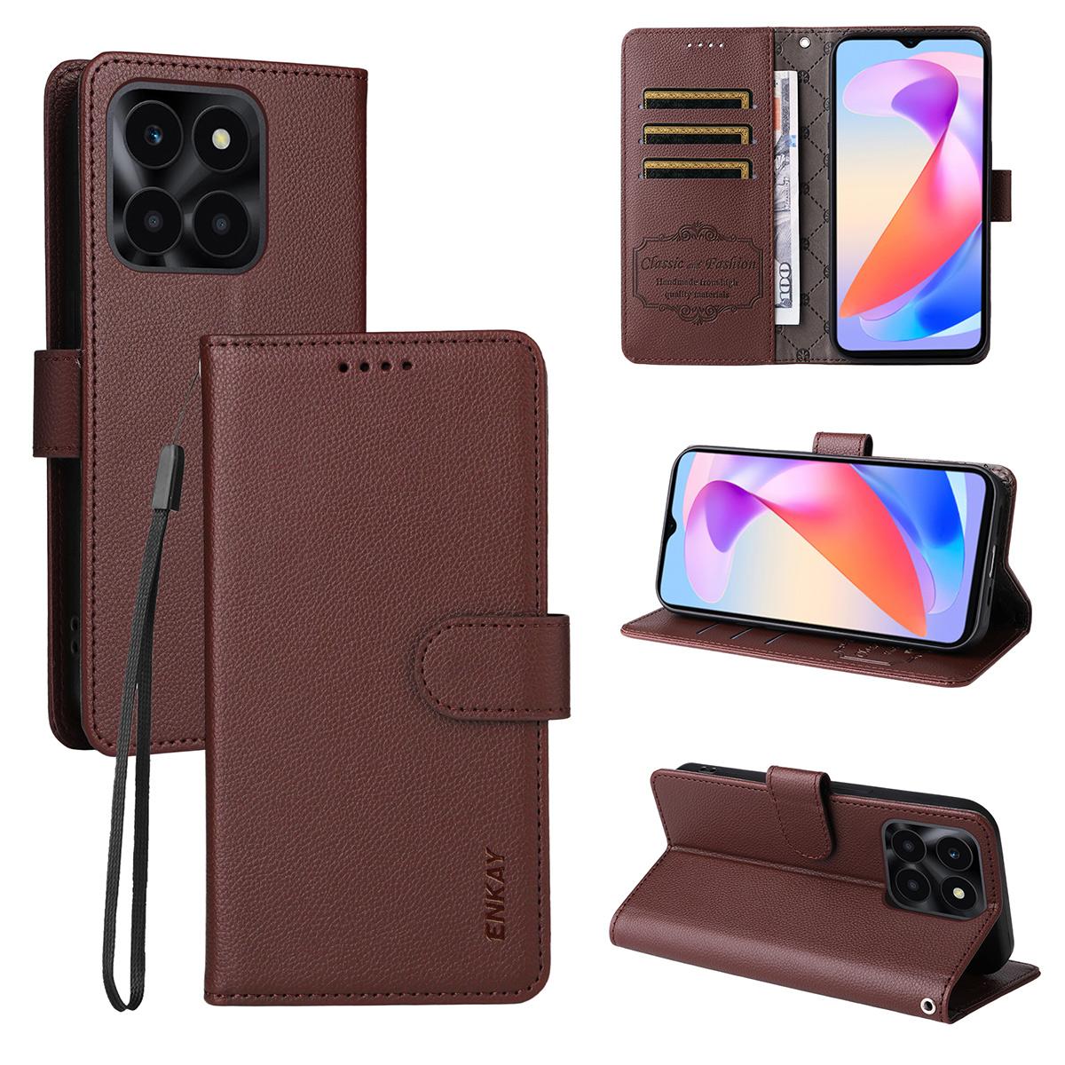 

For Honor X6b 4G/Honor X6c 4G Wallet Case with Strap RFID Blocking Leather Stand Phone Cover Brown