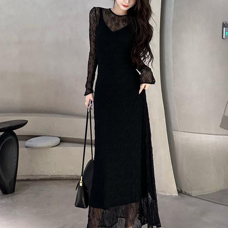 Sexy Black Lace Hollow-Out Long Sleeve Bodycon Mermaid Dress for Spring/Autumn