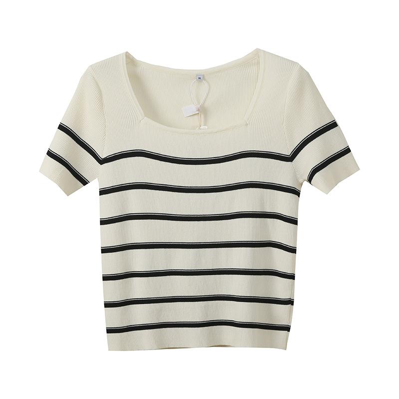 Large size women's clothing square neck contrasting striped knitted sweater summer and Korean version thin short-sleeved T-shirt 212101
