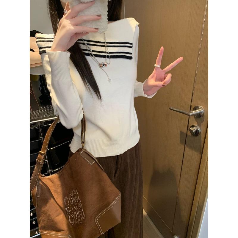 French High-end Slant Collar Off-shoulder Contrast Striped Sweater for Women Loose Slim and Versatile Long-sleeved