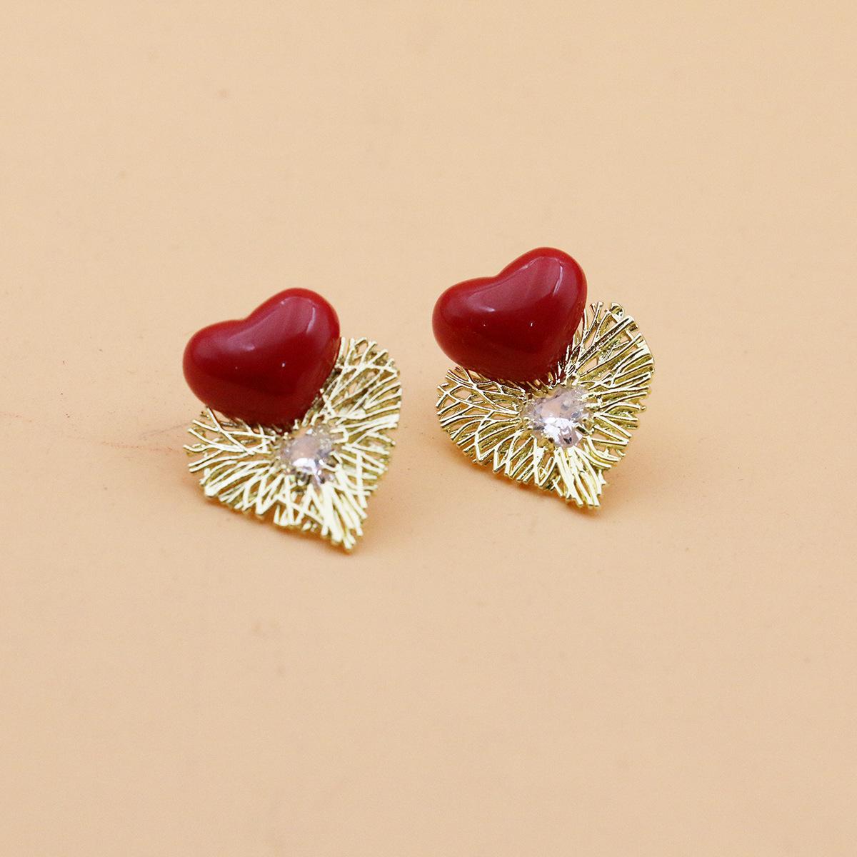 Eco-friendly Gold Plated Sterling Silver Heart Stud Earrings with Red Zircon and Rhinestones Copper, Not Alloy