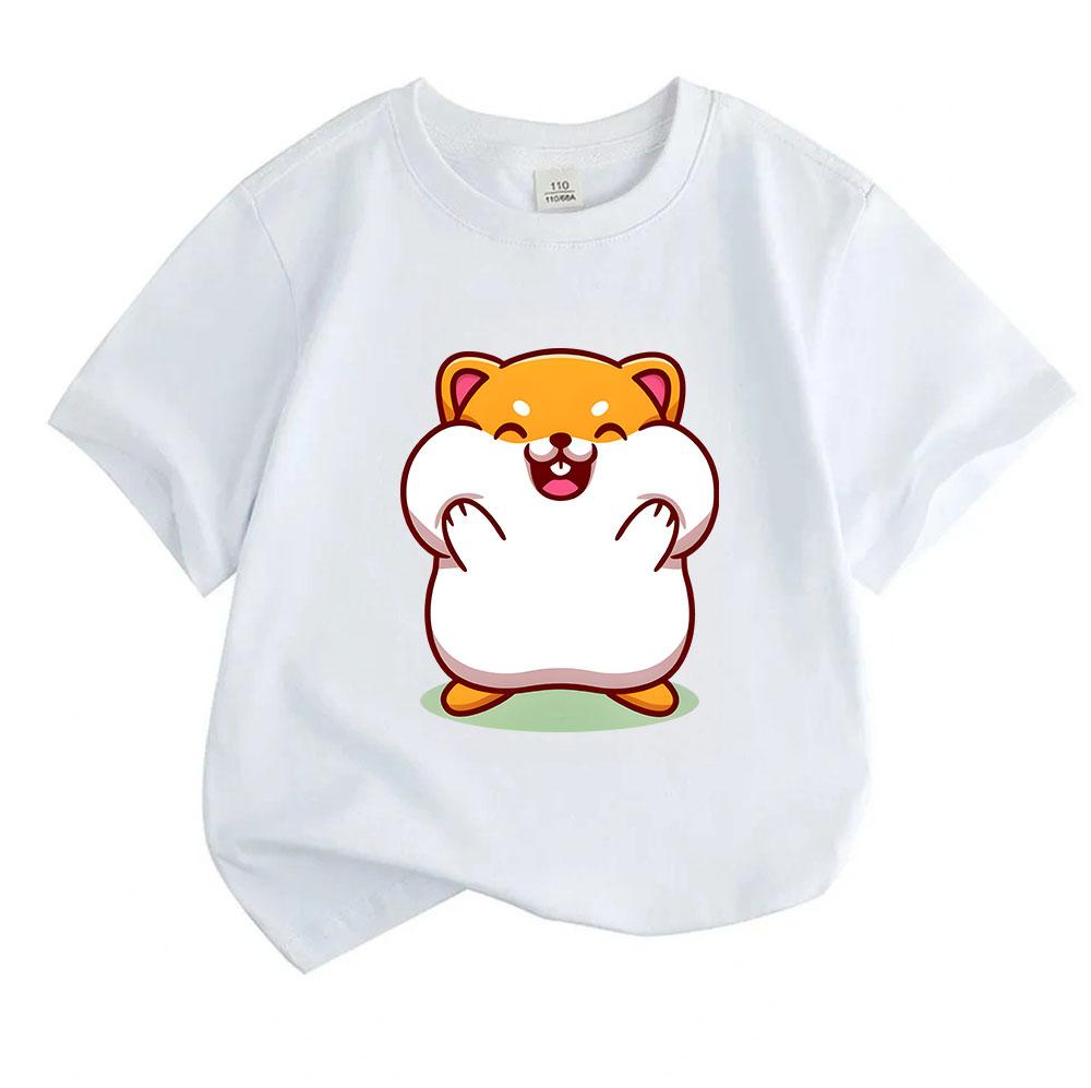 Cute Chubby Cartoon Hamster Print Kids 100% Cotton O-neck Short Sleeve T-Shirt, Casual Soft Breathable Tee for Boys Girls Comfortable Daily Summer Top