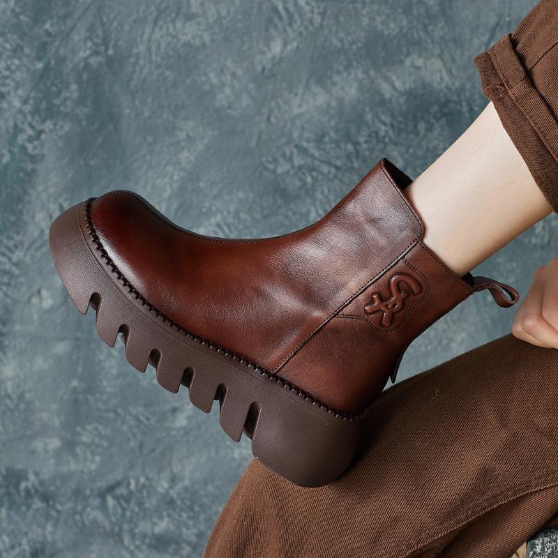 Women's Boots 2026 New Handmade Cowhide British Style Round Toe Short Boots with Side Zipper Thick Sole Women's Boots
