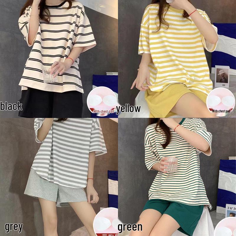2023 Women's Summer Striped Short Sleeve Set with Chest Pad (Shorts and Long Pants)