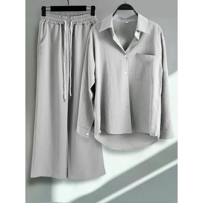 Women's Clothing, Two-piece Set, Button Up Shirt, Drawstring Pants, Suit