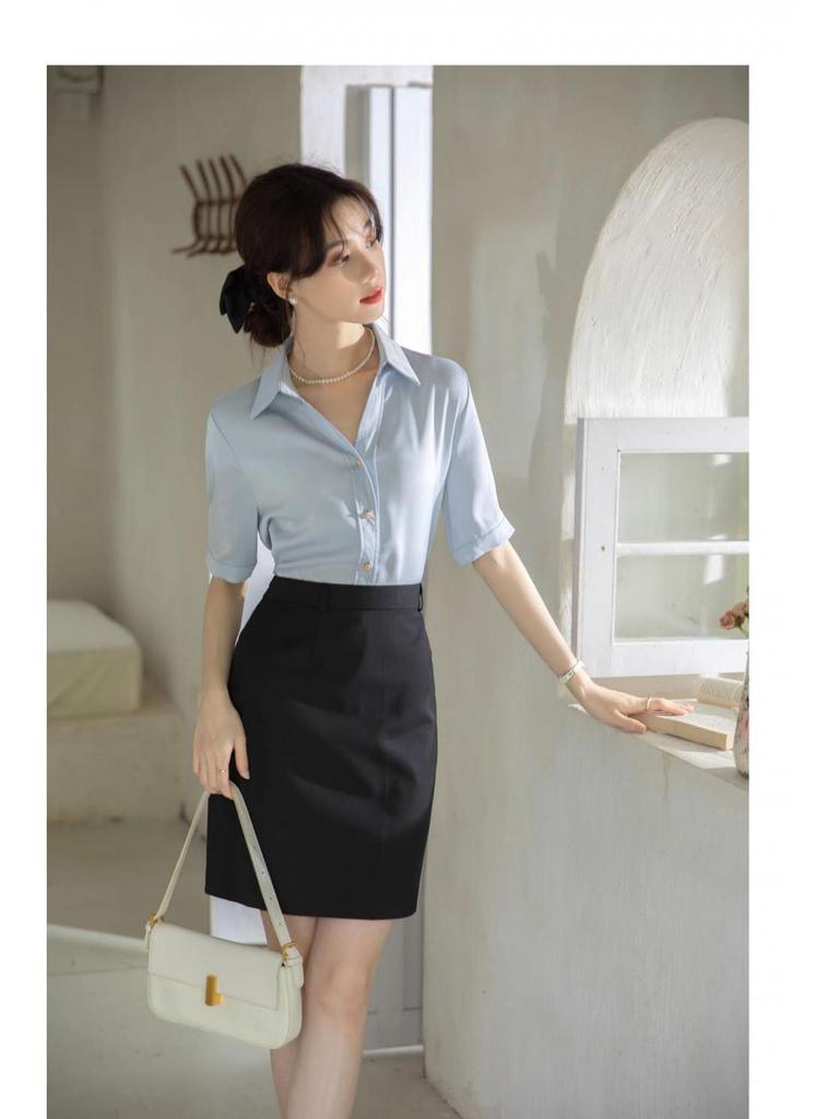 Women's Blue V-Neck Short Sleeve Professional Shirt for Interviews and Workwear