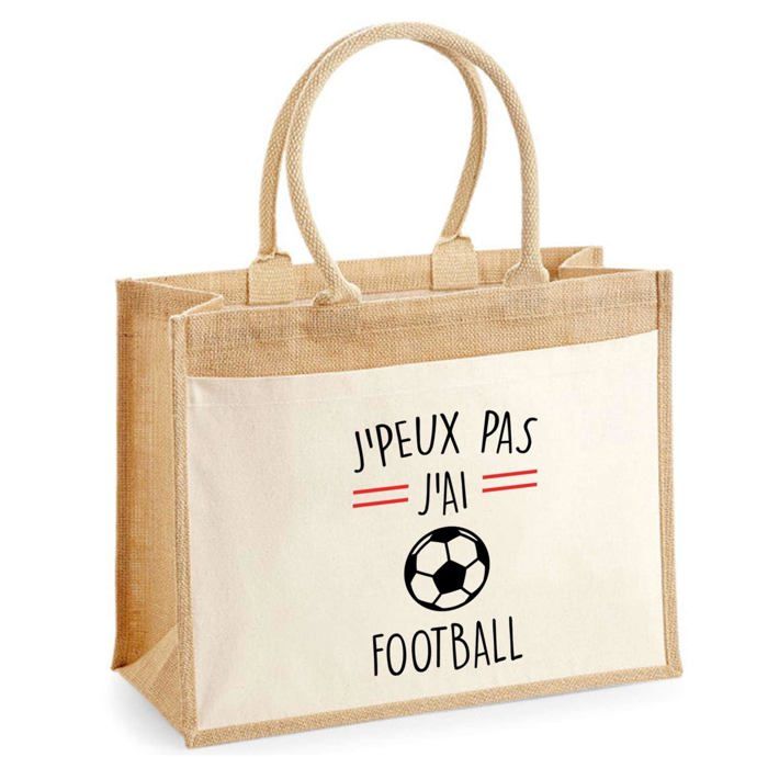 Sac de plage - PLANETEE - Jute avec poche Football Ballon J'peux pas - Coton multicolore - 43x33 cm - Anses bandoulière