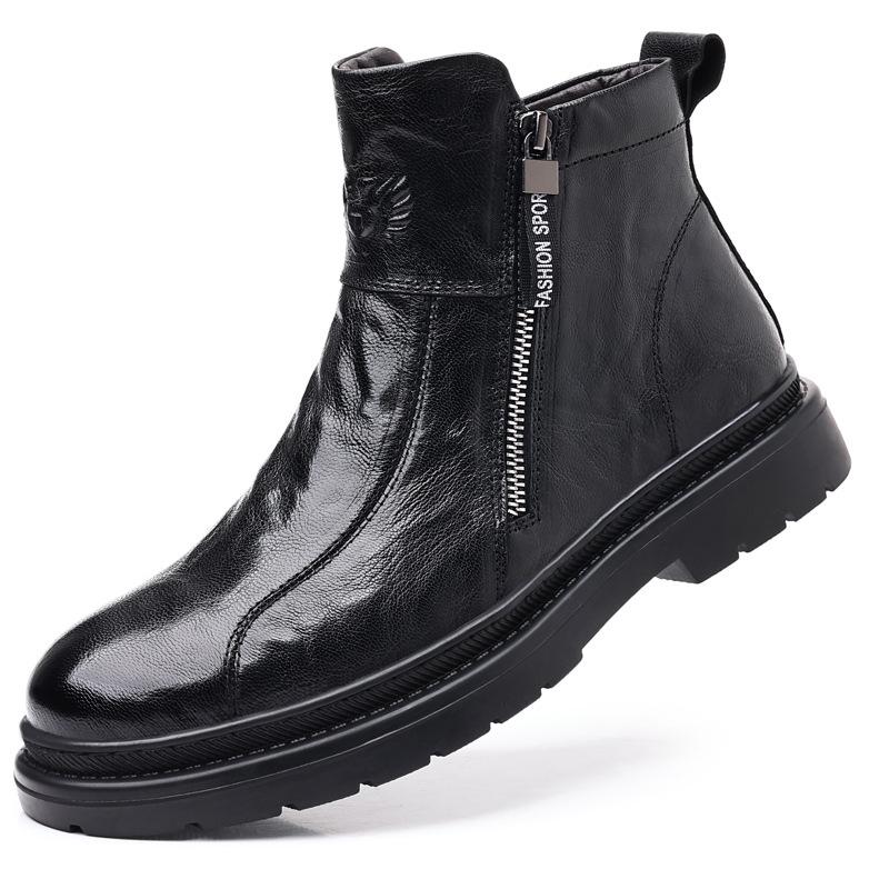 Men's Genuine Leather High-Top Martin Boots with Velvet Lining - Stylish and Warm Motorcycle Work Boots