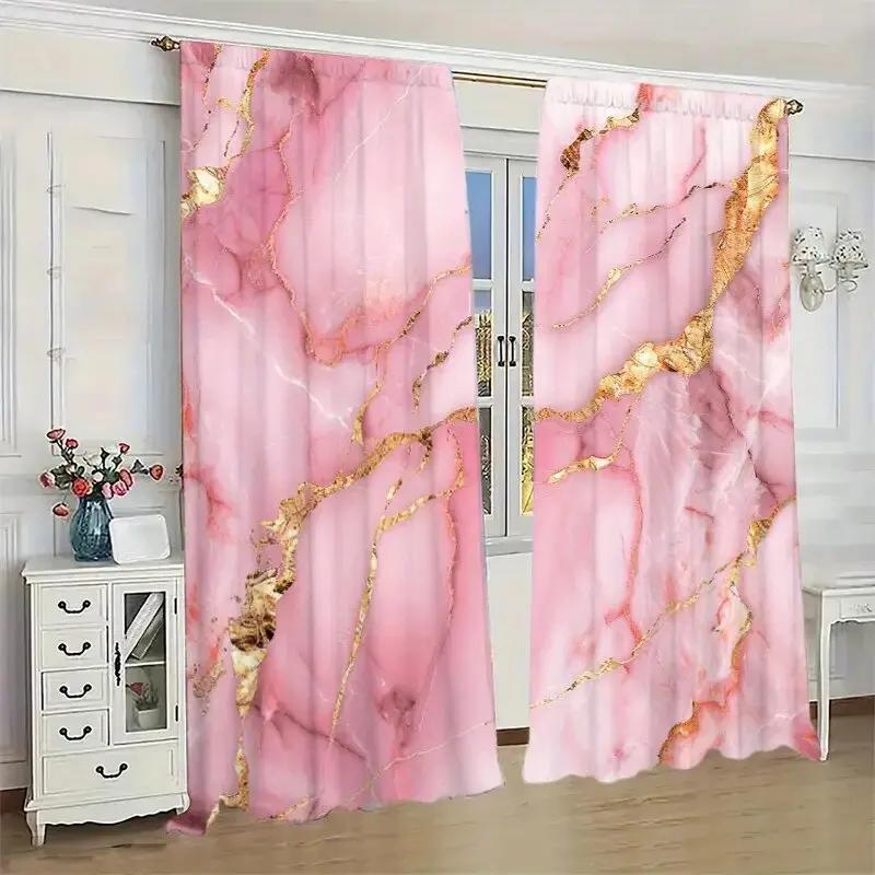 2pcs- Pink Marble-style Patterned Printed Curtains   Window Decorations   Home Decorations   Room Decorations