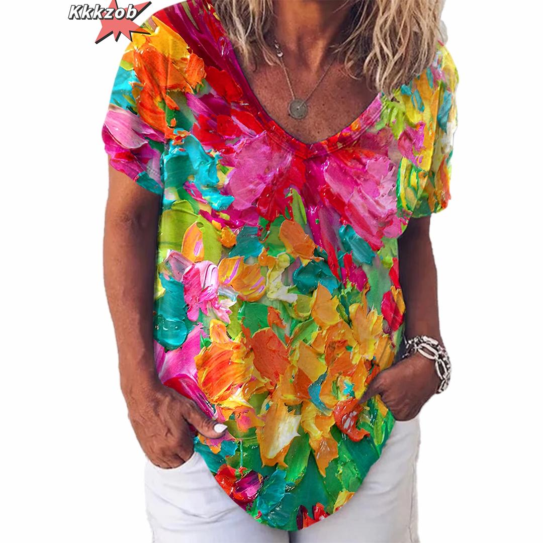 

Винтажный топ с принтом, женская уличная одежда с короткими рукавами, летняя футболка, женская модная повседневная футболка с v-образным вырезом, женская одежда большого размера Y2k 2XL