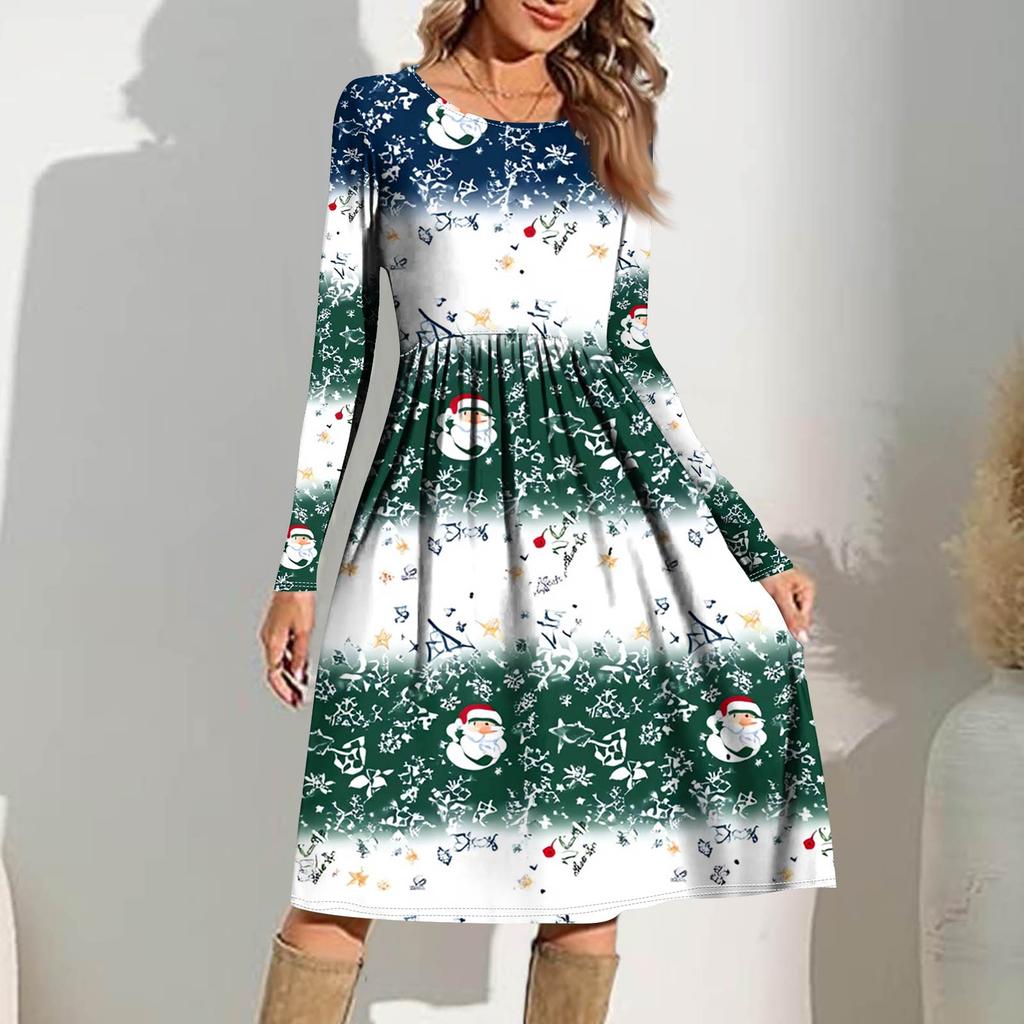 Rochie casual de damă cu imprimeu gradient, de primăvară, cu buzunar, cu gât rotund și mâneci lungi