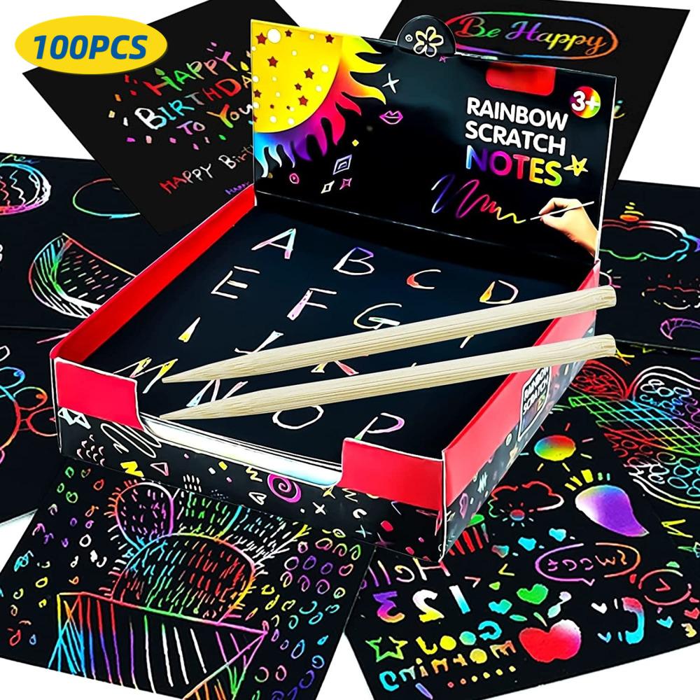 100 KS Dúhové Škrabacie Mini Poznámkové Bloky Kartičky s Kresliacou Šablónou pre Deti Deti DIY Kreslenie Maľovanie Vzdelávacie Hračky Darčeky