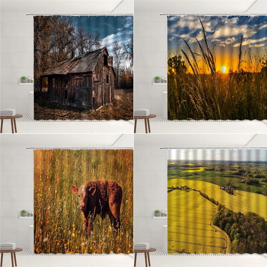 Farm Scenery Shower Curtain Set Retro Vintage Wooden Farmhouse Straw Stack Cute Sheep Bathroom Screen Garden Decor Wall Covering