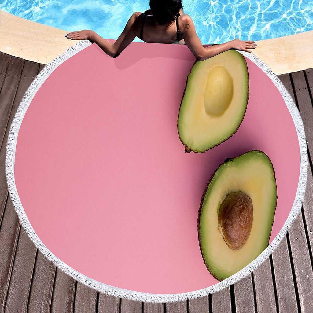 Tropical Fruit Avocado Round Beach Towel Microfiber Boho Round Hawaiian Beach Blanket Sand Proof Circle Swim Towel with Tassels