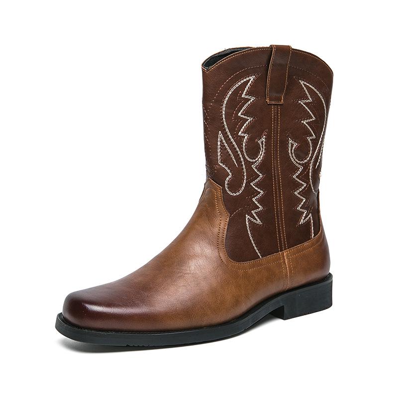 Men s Western Cowboy Leather Boots, Size 46, High Top, Embroidered British Retro Style 40 коричневый
