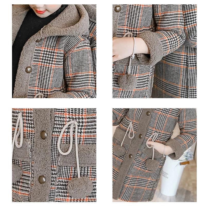 Fashion Autumn Winter Girls Hairy Coat Long Kids Outerwear Grid Pattern Warm Jacket Button Luxury Design Single-Breasted
