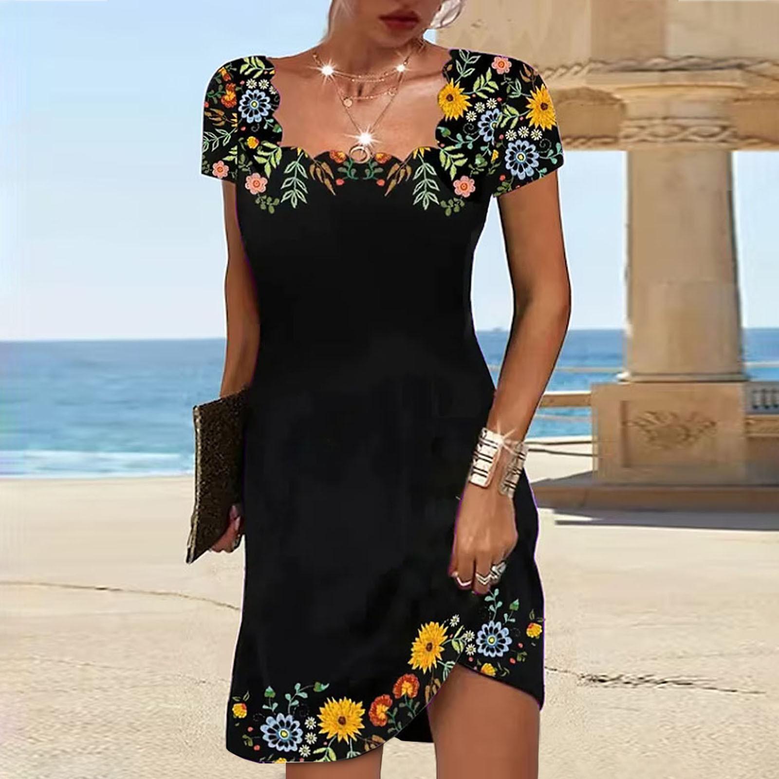 Женские летние повседневные платья больших размеров с короткими рукавами и квадратным вырезом с рукавами и принтом, свободное платье L чёрный